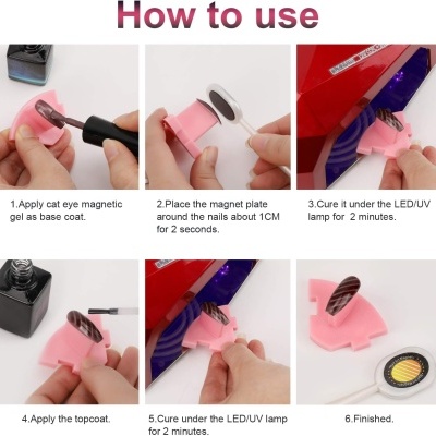 Conjunto para efeito cat eye em unhas com ferramenta magnética rosa, verniz preto e instruções de uso