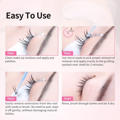 Instruções passo a passo para remoção de extensões de pestanas com imagens mostrando aplicação de patches e cotonete