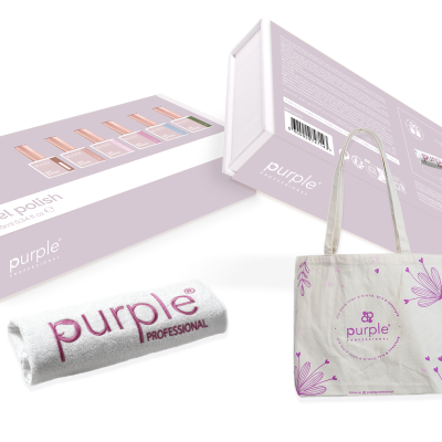 Conjunto Purple Professional com vernizes gel, toalha branca e saco de pano bege