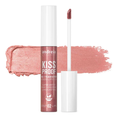 Batom líquido rosa metalizado Andreia Kiss Proof com aplicador e amostra de cor.
