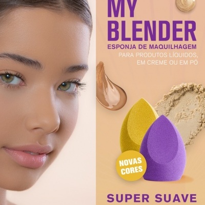 Esponjas de maquilhagem amarelas e roxas ao lado de texturas de base e rosto de mulher