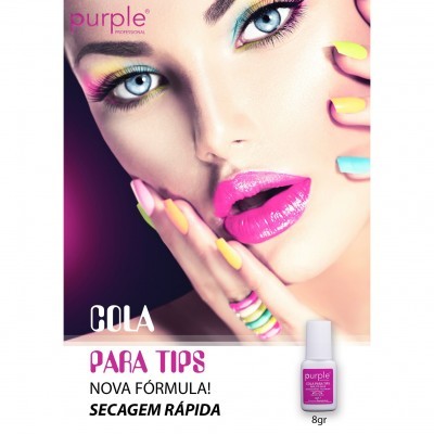 Anúncio de verniz para unhas da marca Purple Professional com modelo de maquilhagem vibrante e produto em fundo escuro.