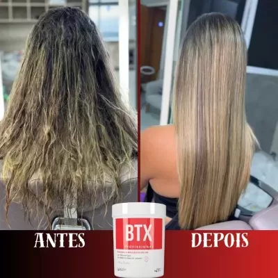 Comparação de cabelo antes e depois de tratamento BTX Profissional, mostrando cabelo frisado e cabelo liso