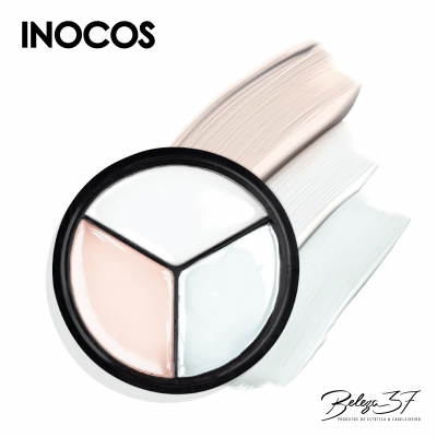 Recipiente redondo com três cores de produto e texto INOCOS