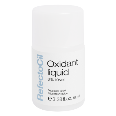 Frasco branco de líquido oxidante RefectoCil com texto em azul e preto