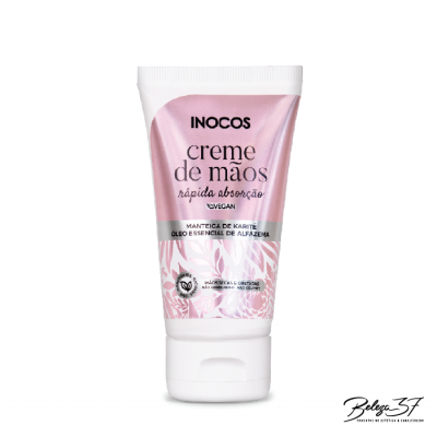 Creme de mãos Inocos em tubo branco e rosa com texto preto