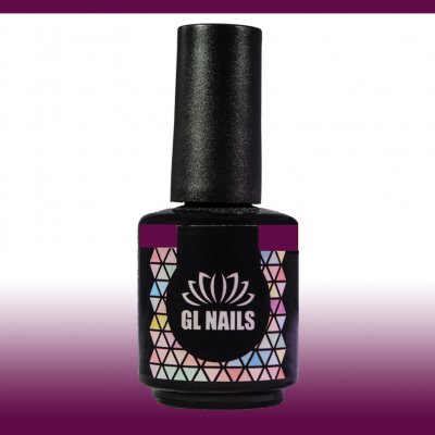 Frasco de verniz para unhas preto com etiqueta colorida e logótipo 'GL NAILS'.