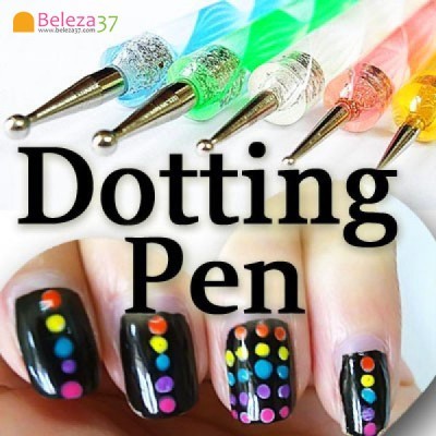 Conjunto de canetas coloridas para decoração de unhas com pontos coloridos em fundo preto.