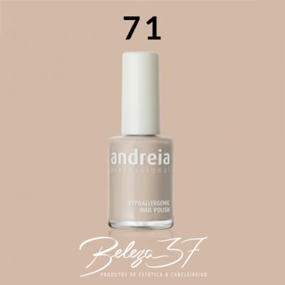 Frasco de esmalte de unhas bege nude Andreia Professional com tampa branca e número 71.