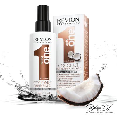 Frasco de tratamento capilar Revlon Uniq One Coconut com embalagem e coco