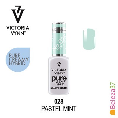Verniz Victoria Vynn Pure Creamy Hybrid cor Pastel Mint 028 com amostra da cor.