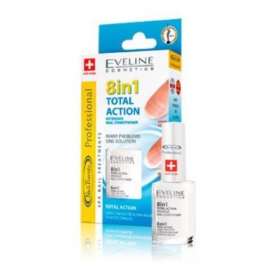 Eveline Cosmetics 8in1 Total Action fortalecedor de unhas em embalagem azul, branca, amarela e vermelha com frasco branco