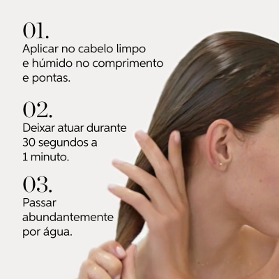 Instruções de aplicação de produto capilar com mulher a segurar o cabelo.