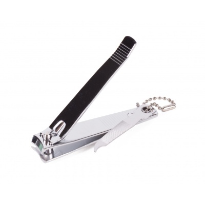 cortador de unhas metálico prateado com alavanca preta