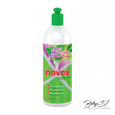 Frasco de creme Novex Super Babosão Aloe Vera com tampa verde e rótulo verde e lilás.