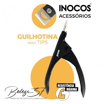 Guilhotina preta para tips INOCOS com texto em fundo branco e círculo laranja