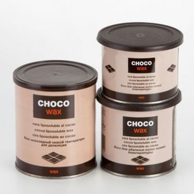 Três recipientes de CHOCO WAX, cera lipossolúvel ao cacau, em lata e potes com tampas pretas