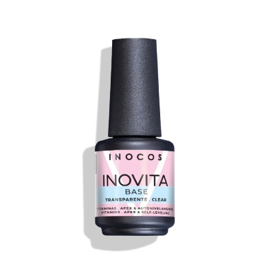 Frasco de verniz base transparente INOCOS INOVITA com rótulo colorido e tampa preta