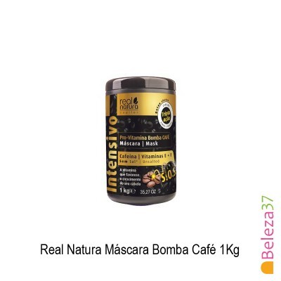 Embalagem de máscara capilar Real Natura com design preto e dourado e texto em destaque cafés