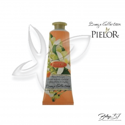 Tubo de creme para mãos e unhas Pielor com design floral e cores laranja, verde e branco.