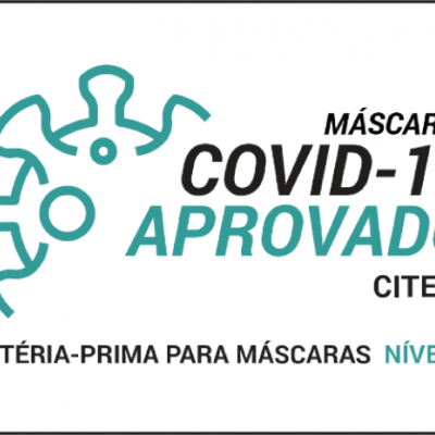 Texto relacionado a máscaras COVID-19 aprovadas pelo CITEVE nível 3, com desenho de vírus