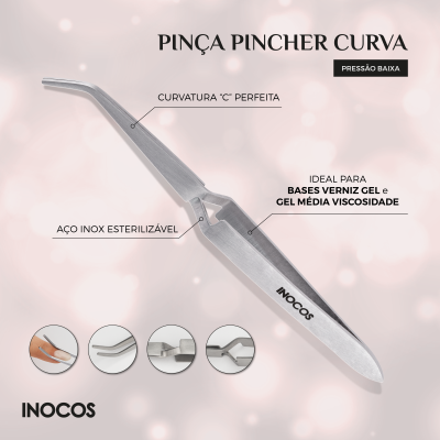 Pinça pincher curva de aço inox esterilizável da INOCOS com curvatura 'C' perfeita