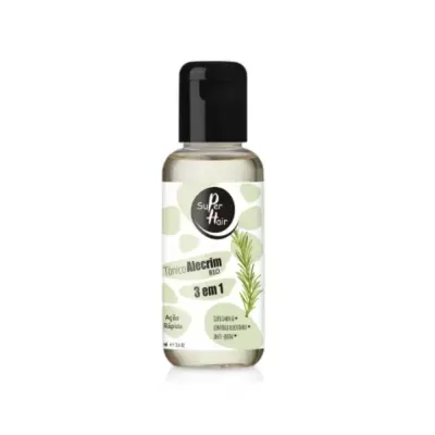 Frasco de tónico Alecrim 3 em 1 Super Hair com rótulo branco e verde