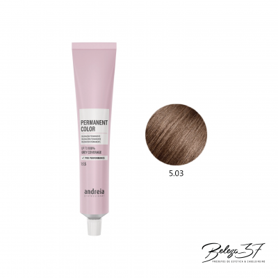 Tinta de cabelo permanente rosa claro com amostra de cor castanha 5.03 e texto PERMANENT COLOR