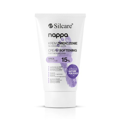 Creme amaciante Silcare Nappa com 15% de ureia para pés, embalagem branca com texto roxo e preto