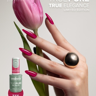 Esmalte de gel Andreia Professional TRUE PURE cor TE5 e unhas rosas brilhantes com tulipa