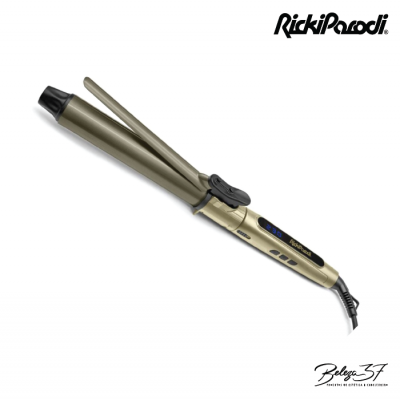 Modelador de cabelo dourado e preto com visor digital azul e cabo elétrico