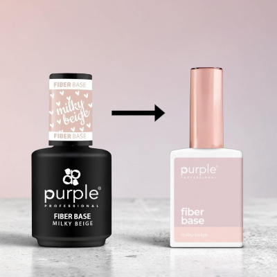 Dois frascos de verniz para unhas da Purple Professional, versão fiber base milky beige, um preto e outro branco com tampa rosa dourada