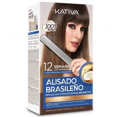 Embalagem do produto Kativa Alisado Brasileño para alisamento capilar castanho com texto em português e inglês e imagem de mulher de cabelo liso castanho.