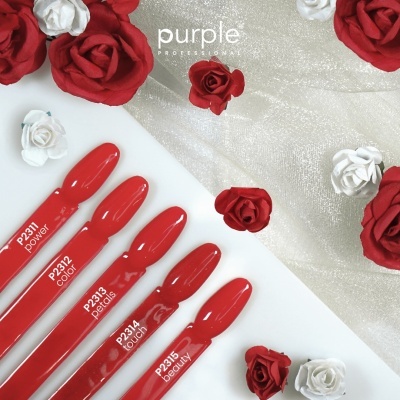 Amostras de verniz vermelho com nomes e números, decoradas com rosas vermelhas e brancas e texto purple PROFESSIONAL