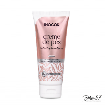 Tubo de creme de pés INOCOS rosa metálico com texto e padrão botânico