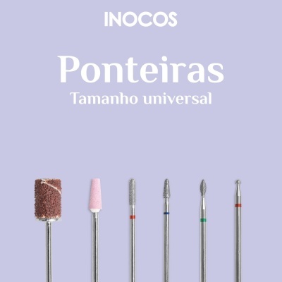 Ponteiras metálicas para manicure com diferentes cabeças em fundo lilás e texto branco