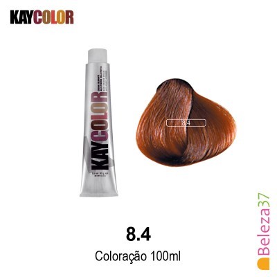 Tubo de coloração capilar KayColor 8.4 castanho avermelhado com amostra de cabelo