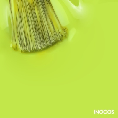 Pincel com cerdas finas sobre fundo verde-lima com texto 'INOCOS'