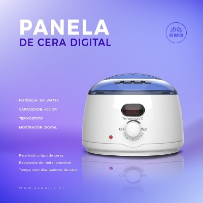 Panela de cera digital branca com tampa azul translúcida e mostrador digital