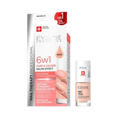 Produto Eveline Cosmetics Nail Therapy Professional 6w1 em caixa branca com detalhes vermelhos e frasco pequeno