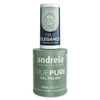 Frasco verde de verniz gel Andreia True Pure com tampa azul escura e texto informativo