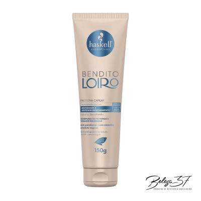 Frasco bege do produto Haskell Bendito Loiro Proteína Capilar 150g