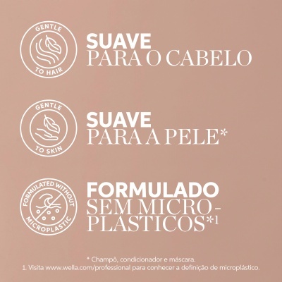 Texto em fundo rosa sobre cuidado suave para cabelo e pele e ausência de microplásticos.