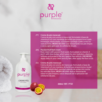Creme para pés Purple Professional embalagem branca com texto roxo e maracujá