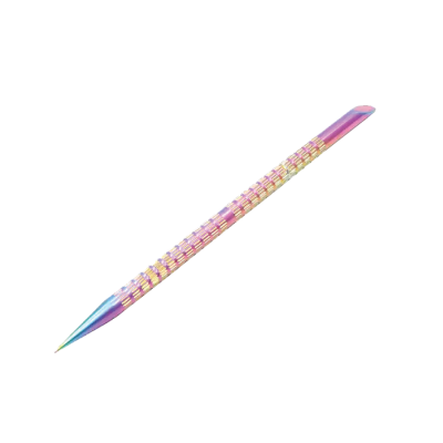 Caneta esferográfica translúcida rosa, roxa e azul com detalhes dourados