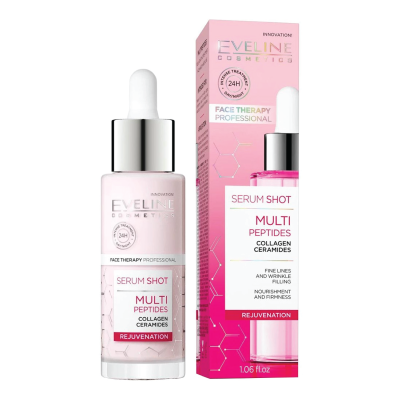 Sérum Facial Eveline Cosmetics Multi Peptides em frasco de vidro e caixa rosa