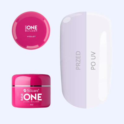 Frasco rosa de gel para unhas Silcare com amostra de unha dividida em duas partes