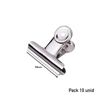Presilha metálica prateada para papel de 22mm em fundo branco com texto Pack 10 unid
