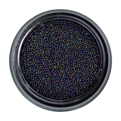 Recipiente preto com pequenas esferas multicoloridas brilhantes