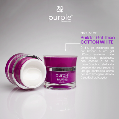 Frascos de gel para unhas Builder Gel Thixo Cotton White da Purple Professional em fundo cinza.